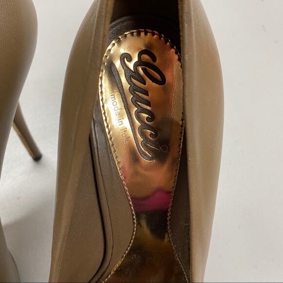 Gucci Designer Shoe High Heels Open Toe Platform Pump Nappa Leather Marron Taupe - Picture 3 of 10